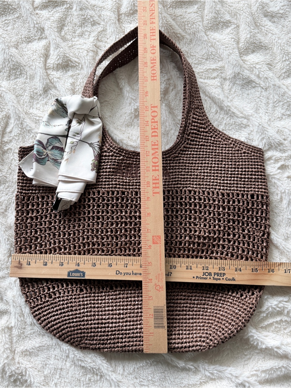Aritzia Awayday Tote Brown Crochet Raffia Bag + Floral Silk Scarf - Picture 8 of 9
